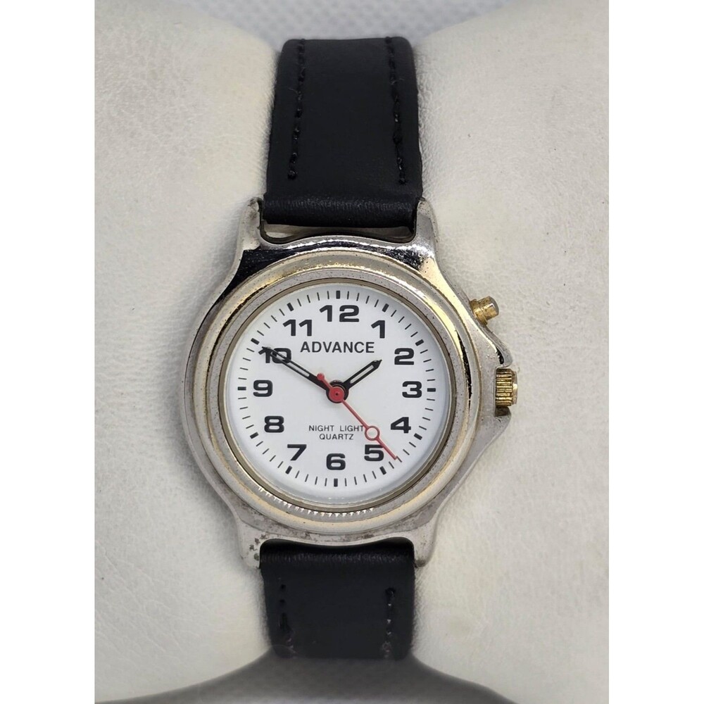 Womens Advance Night Light White Dial Silver Tone Black Leather Strap Watch 05